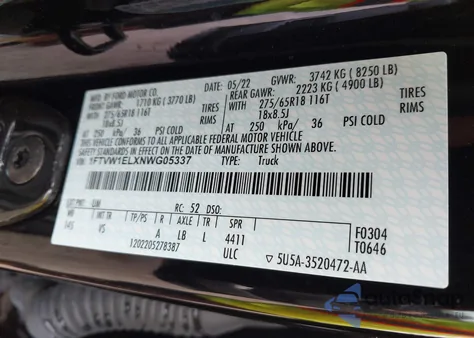 2022 Ford F-150 Lightning Pro z USA, uszkodzony, nr VIN 1FTVW1ELXNWG05337